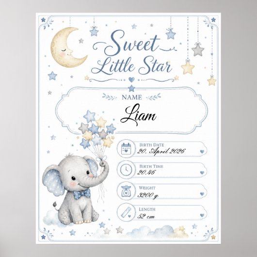 Personalisierbare Baby Geburtstafel mit Elefant Poster (Vorne)