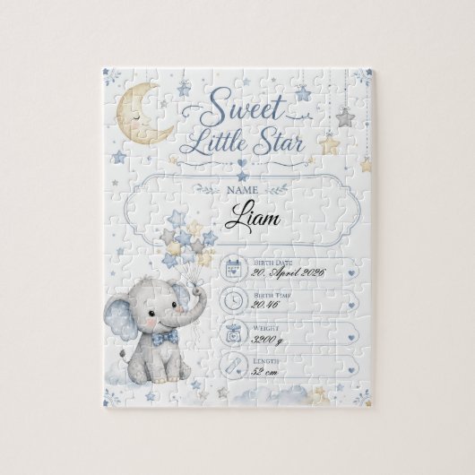 Personalisierbare Baby Geburtstafel mit Elefant  Puzzle (Vertikal)