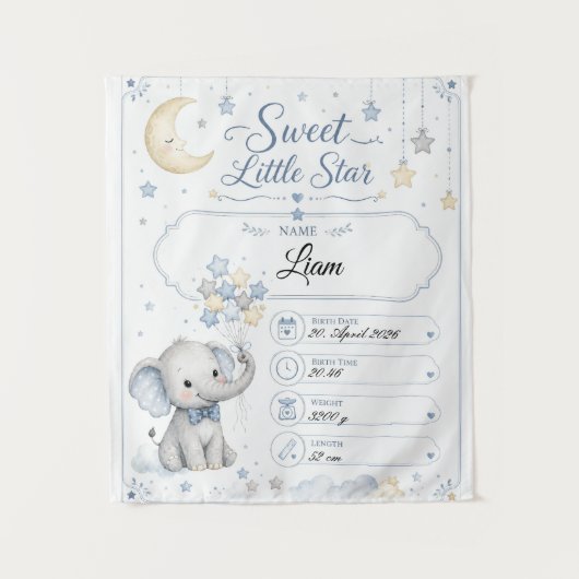Personalisierbare Baby Geburtstafel mit Elefant Wandteppich (Vorderseite)