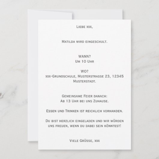 Personalisierbare Einladung Einschulung deutsch (Rückseite)