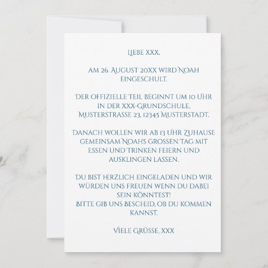 Personalisierbare Einladung Einschulung Junge  (Rückseite)
