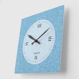 personalisierbare Light Blue Imitats Linen Print Quadratische Wanduhr
