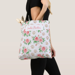 Personalisierbare Wasserfarben-Rose und Pfotenabdr Tasche