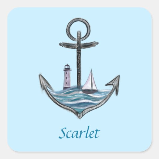 Personalisierbarer Anker- und Leuchtturm (Version  Quadratischer Aufkleber (Vorderseite)