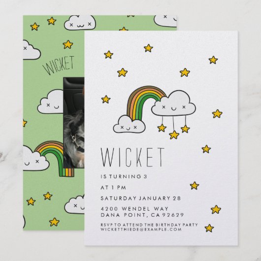 Personalisiere es! Happy Green Rainbow & Stars Einladung (Vorne/Hinten)