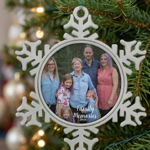 PERSONALISIERE Silberne Familien-Erinnerungen Foto Schneeflocken Zinn-Ornament