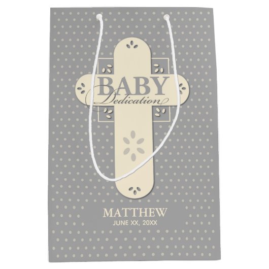 Personalisieren, Baby Dedication Cream & Gray Cros Mittlere Geschenktüte (Vorderseite)
