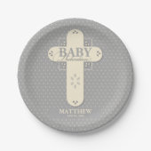 Personalisieren, Baby Dedication Cream & Gray Cros Pappteller (Vorderseite)