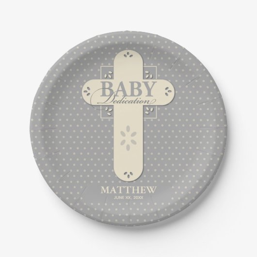 Personalisieren, Baby Dedication Cream & Gray Cros Pappteller (Vorderseite)