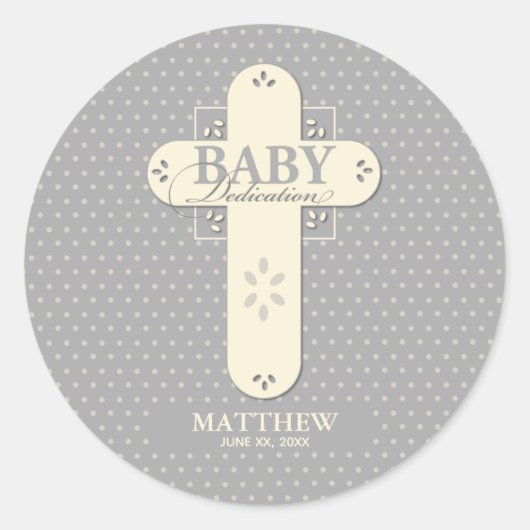 Personalisieren, Baby Dedication Cream & Gray Cros Runder Aufkleber (Vorderseite)
