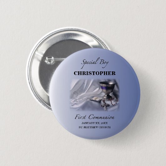 Personalisieren, Junge, Erste Kommunion Blau Button (Vorne & Hinten)