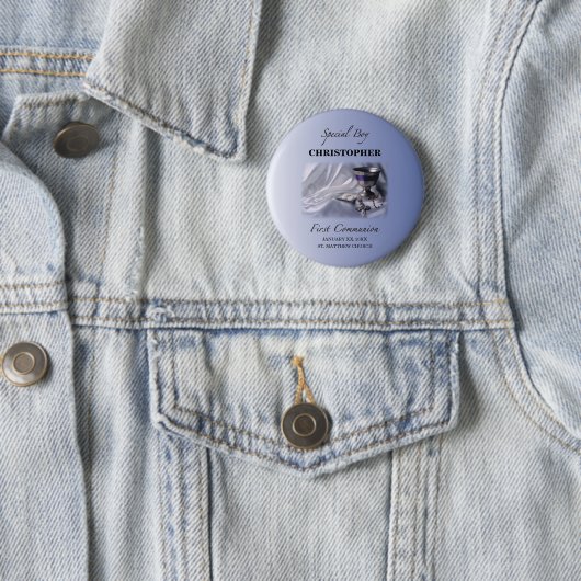 Personalisieren, Junge, Erste Kommunion Blau Button (Beispiel)