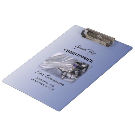 Personalisieren, Junge, Erste Kommunion Blau Klemmbrett (Schrägansicht)