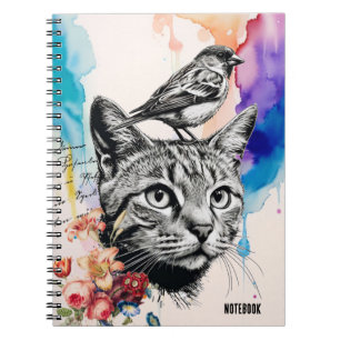 PERSONALISIEREN: Katze + Vögel   Notebook-Journal Notizblock