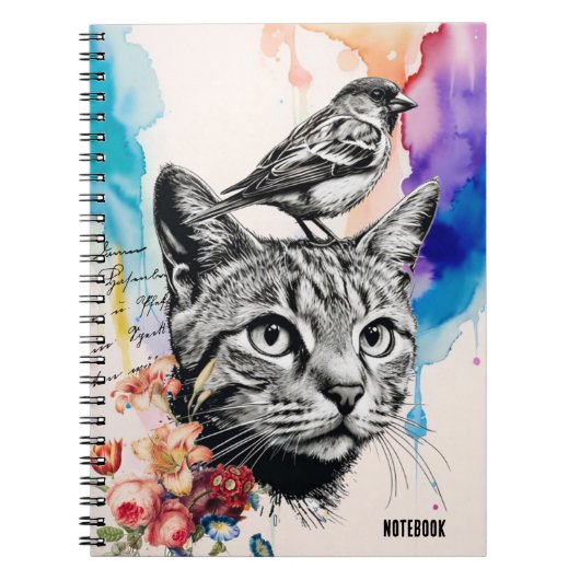 PERSONALISIEREN: Katze + Vögel | Notebook-Journal Notizblock (Vorderseite)