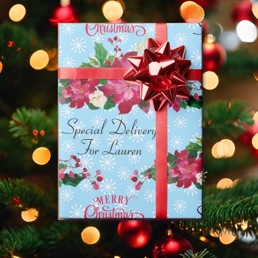 Personalisieren Name Poinsettia Schneeflocken Weih Geschenkpapier