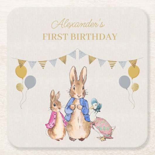 Personalisieren Peter Kaninchen beige Leinen 1. Ge Rechteckiger Pappuntersetzer (Vorderseite)