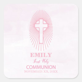 Personalisieren, Rosa Erste Heilige Kommune Cross  Quadratischer Aufkleber