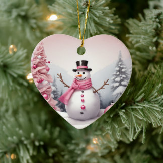 Personalisieren: Rosa Weihnachtsbaum & Schneemann Keramik Ornament