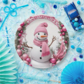 Personalisieren: Rosa Weihnachtsschneemann Pappteller (Party)