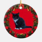 Personalisieren Sie Black Kitten Tuxedo Sitzen Meo Keramik Ornament (Hinten)