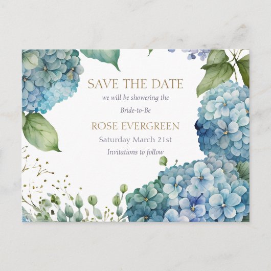 Personalisieren Sie Brautparty Blue Hydrangea Ankündigungspostkarte (Vorderseite)