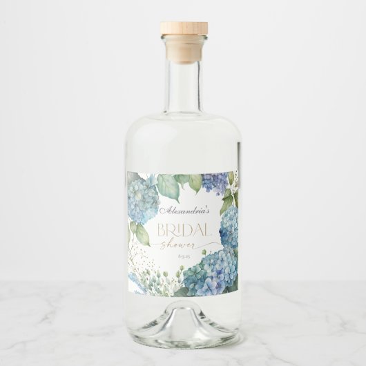 Personalisieren Sie Brautparty Blue Hydrangeas Alkoholflaschenetikett (Vorderseite)