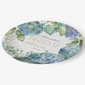 Personalisieren Sie Brautparty Blue Hydrangeas Pappteller (Schrägansicht)