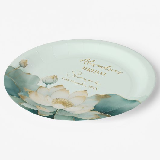 Personalisieren Sie Brautparty Lotus gold Pappteller (Schrägansicht)