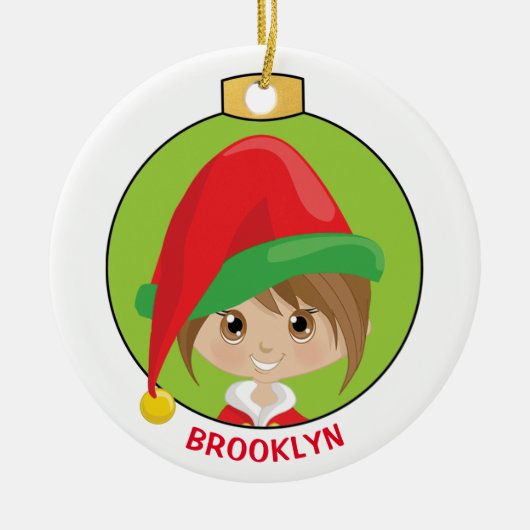 Personalisieren Sie Brünette Girl Elf Keramik Ornament (Vorne)