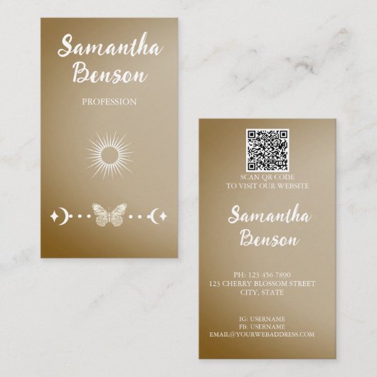 Personalisieren Sie Butterfly Moon Sun Beige QR Co Visitenkarte (Vorne/Hinten)