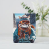 Personalisieren Sie Cat Ski auf den schneebedeckte Postkarte (Stehend Vorderseite)