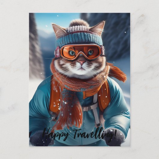 Personalisieren Sie Cat Ski auf den schneebedeckte Postkarte (Vorderseite)