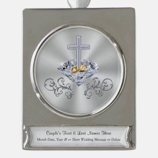 Personalisieren Sie Christliche Hochzeitsgeschenke Banner-Ornament Silber (Vorderseite)