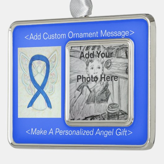 Personalisieren Sie das Blue Awareness Ribbon Enge Rahmen-Ornament Silber (Links)