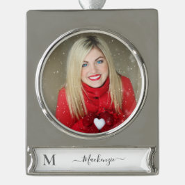 Personalisieren Sie das Foto für den Anfangsnamen Banner-Ornament Silber