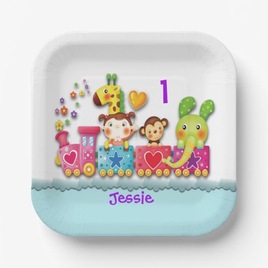 Personalisieren Sie das junge Kind in der Tierschu Pappteller (Vorderseite)