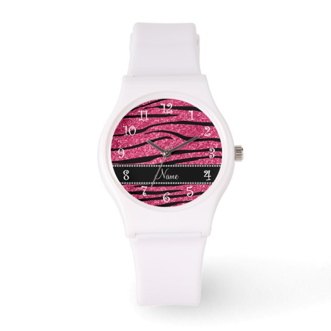 Personalisieren Sie den Namen fuchsia pink Glitzer Armbanduhr (Vorderseite)