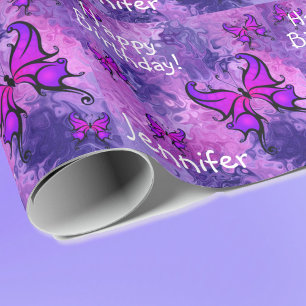 Personalisieren Sie den Namen Lila Butterfly Roll  Geschenkpapier