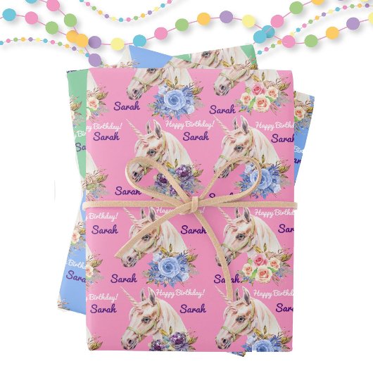 Personalisieren Sie den Namen Unicorn Girls Geburt Geschenkpapier Set