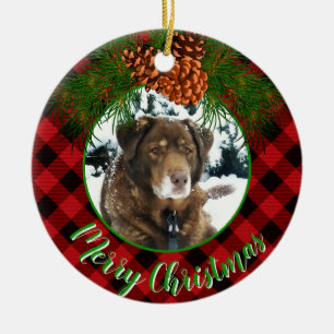 Personalisieren Sie die Bildvorlage rot kariert Ho Keramik Ornament