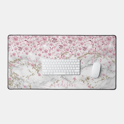 Personalisieren Sie funkelnde rosa Juwelen & Marmo Schreibtischunterlage (Tastatur & Maus)