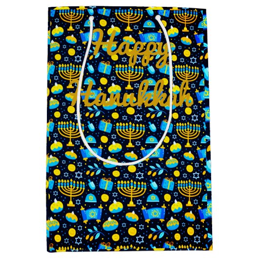 Personalisieren Sie HANUKKAH Blue Gold Geschenktas Mittlere Geschenktüte (Vorderseite)
