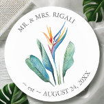 Personalisieren Sie Hochzeiten Untersetzer Wasserf<br><div class="desc">Entspannen Sie Ihre Gastgeschenke Hochzeiten mit diesen personalisierten Untersetzer, die einen atemberaubenden Aquarellvogel paradiesischer Blume mit üppiger Palmenblätterblüte in lebhaften Orange-, Türkis- und Grüntönen vereinen. Diese Untersetzer wurden von Victoria Grigaliunas of Do Tell A Belle entworfen und vereinen Eleganz und Funktionalität. Sie sind ideal für Hochzeitsgetränke, Coaster und umsichtige tropische...</div>