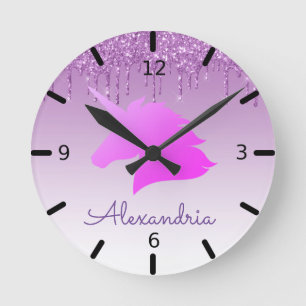 Personalisieren Sie Ihr eigenes Lila Glitzer Unico Runde Wanduhr