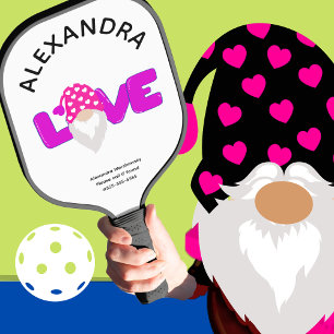 Personalisieren Sie Liebe Gnome Heart Pink Lila Pickleball Schläger