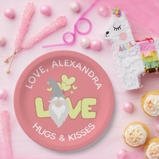 Personalisieren Sie Liebe Gnomen Herzgelb und grau Pappteller (Party)