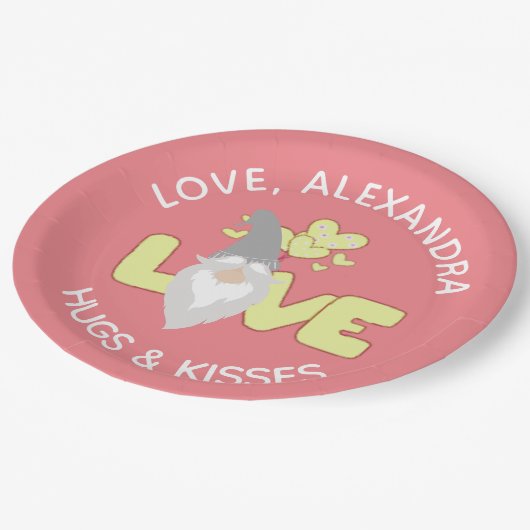 Personalisieren Sie Liebe Gnomen Herzgelb und grau Pappteller (Schrägansicht)