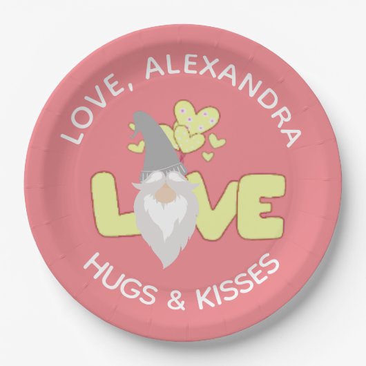 Personalisieren Sie Liebe Gnomen Herzgelb und grau Pappteller (Vorderseite)