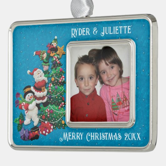 Personalisieren Sie Name, Foto, Nachrichtengeschen Rahmen-Ornament Silber (Links)